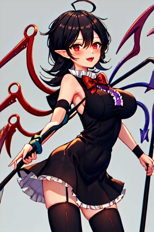 best quality, masterpiece, highres, solo, {houjuu_nue_touhou:1.15}, black_hair, wings, asymmetrical_wings, red_eyes, short_hair, bow, smile, 1girl, dress, looking_at_viewer, simple_background, white_background, black_dress, polearm, short_sleeves, weapon, trident, upper_body