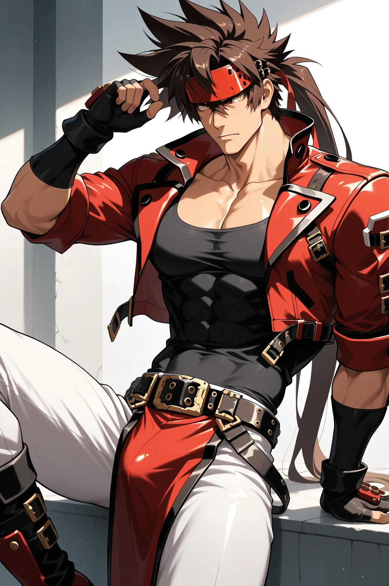 masterpiece, best quality, absurdres, newest, very aesthetic, amazing quality,highres, 1boy, male, Sol Badguy, brown hair, gold eyes, black vest, red jacket, belt, headband,ultra-detailed, intricate details