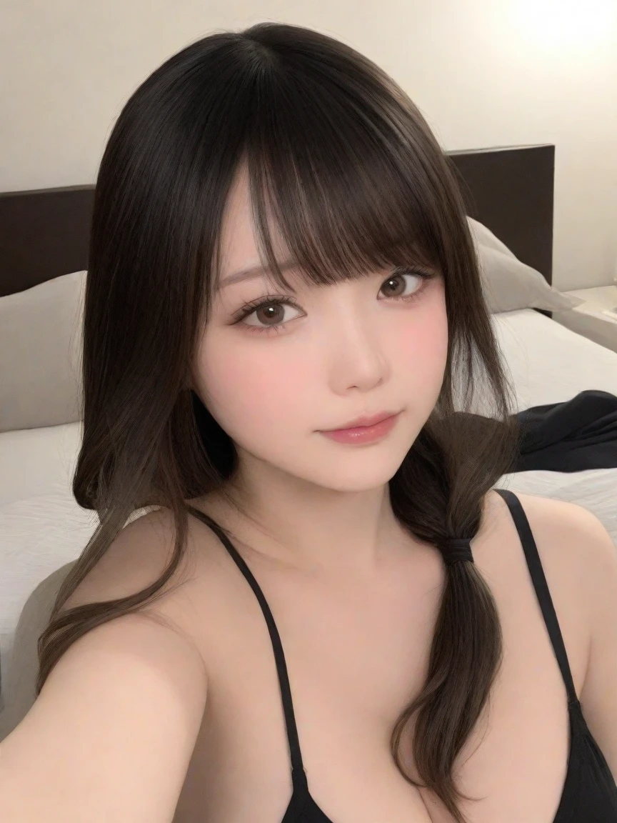One Girl, Very cute face,masterpiece, Highest quality, Ultra-fine、huge , Brown Hair, Laughter, Sit on, Send glances, Hotel、Extreme、ponytail, bust、Ample breasts、Nogizaka、Beautiful dark eyes:1.3、17 years old 、more_detailed:1.5、 Completely naked