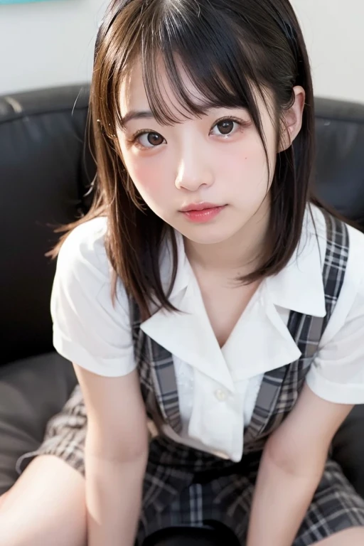 ,Short sleeved white shirt,Grey checked tie,Grey checked mini skirt,Navy blue socks,open mouth,tongue out,cum on tongue,Sitting on a black sofa,looking ahead,from above,flont view,face focus,open mouth,tongue out,(1girl,Beautiful 14 year old girl),((Slender,Small breasts,Small face,)),looking at viewer,Black Hair,bangs,straight,Beautiful and detailed,Mischievous smile,Dimly lit room,Simple Background,Black background,
