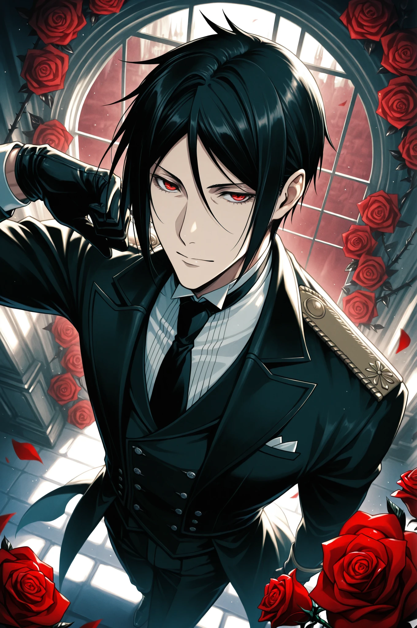 1boy,male, (Overhead view),dynamic angle,ultra-detailed, illustration, close-up, Sebastian Michaelis,male, (fantasy:1.4), (detailed red eyes:1.1),(black hair:1.14), (+(red Rose:1.4)),(Victorian tuxedo)/=(military uniform:1.24),(black gloves),semi-realism,masterpiece, best quality,absurdres