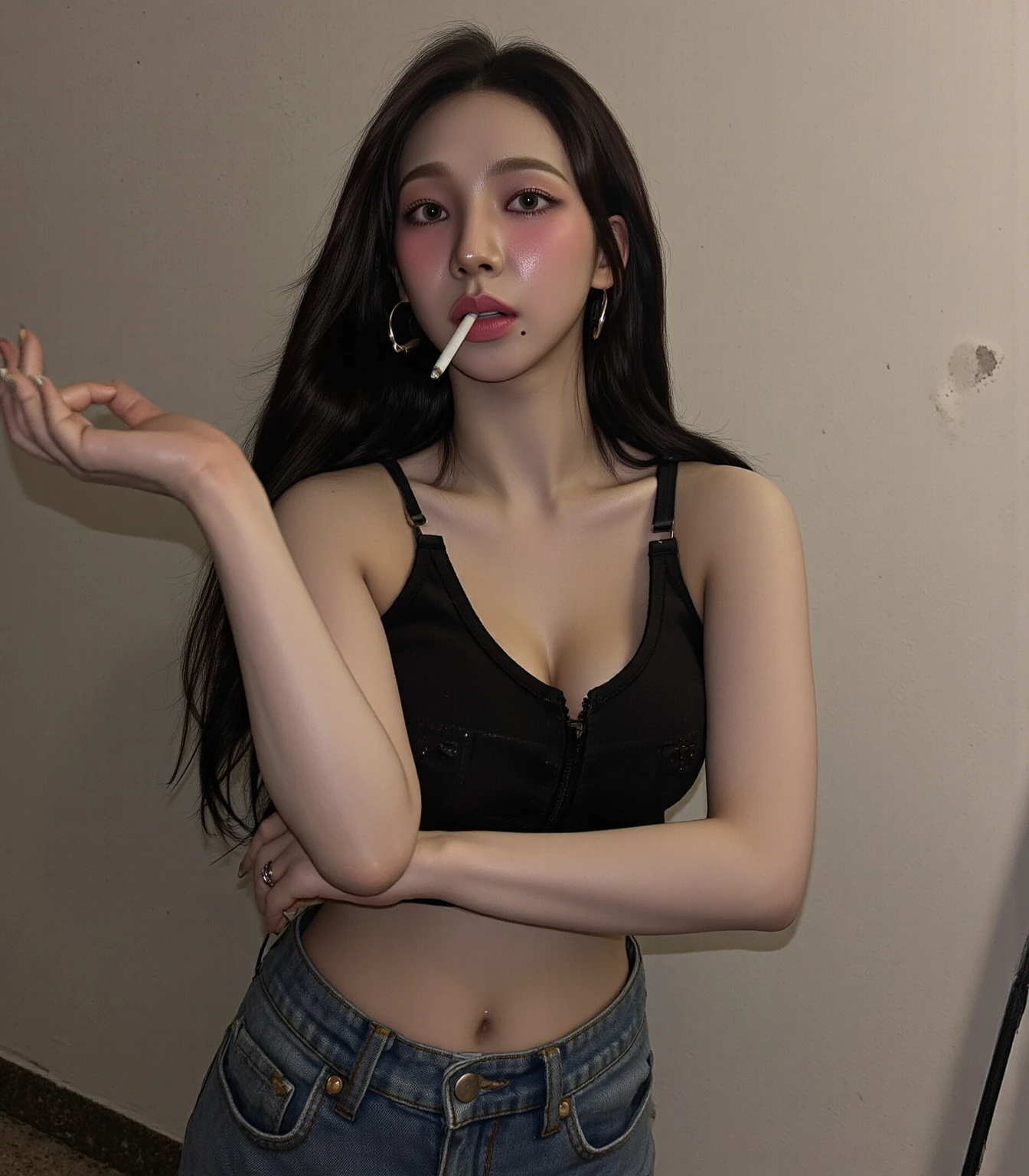 ((You may be a one's world, but you can also be a person's world, Paradox, Adrian Ganey, Jenny Saville, Edward Hopper, James Jean's Dark Art, Takato Yamamoto)), (RAW Photo, Best Quality), (Nostalgia, 1980s Syle)), (A Girl with a Literary Touch: 1.2), (Realism, Photo Realisticity: 1.3), Extremely delicate and beautiful, stunning, fine detail, Masterpiece, hyper-detail, high resolution, best illustration, Best Shadows, Complex, Depth of Field, 1girl, (Long legs: 1.4), Long hair, Messy hair, (Low profile, dark scenes, dim light)))), Fat, ((Soft light: 1.4))), (Pale skin: 1.4), (Shy smile), (Cinematic angle), Sharp Focus, Volume Fog, 8k UHD, DSLR, High Quality, (Film Grain: 1.4), Fujifilm XT3, (Looking at the Audience) (Breasts: 1.6) Long Legs