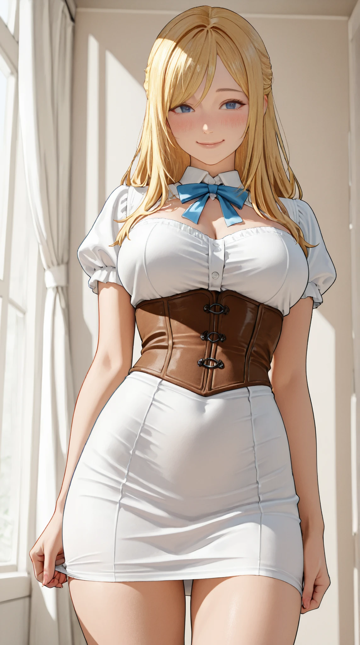 masterpiece, best quality, integr hellsing, integra, 1girl, solo, white shorts, long sleeves , bending over, warm lighting, bent over, bending over, sode view, bend over pose, looking to the side, gigantic breasts, breast focus, boob window, bare breasts, arms at side, arms behind back, Detailed face, Detailed blue eyes, Detailed face, blue eyes, perfect eyes, perfect face, nude thighs, exposed thighs