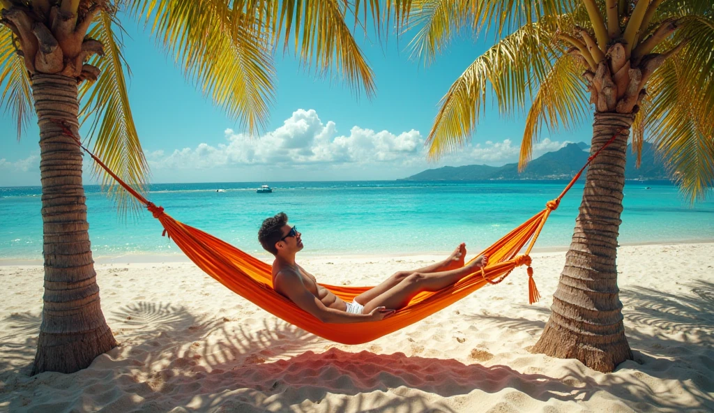 dad with a beard, wearing shorts, hypnotizing, sleepwalking, lifeguard (dad), eyes opaque, sitting chair, legs extended, arms raised extended forward