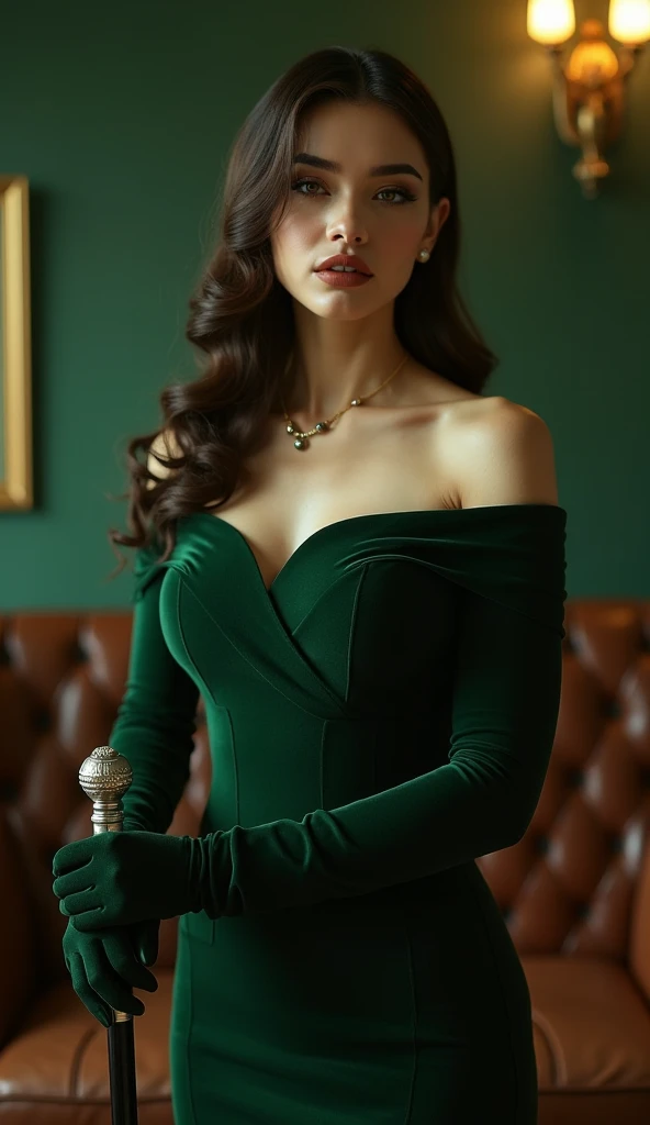 Femme de 25 ans, brune, visage parfait, elegant, tailleur ????, costume ????, vert sexy, string, beautiful 