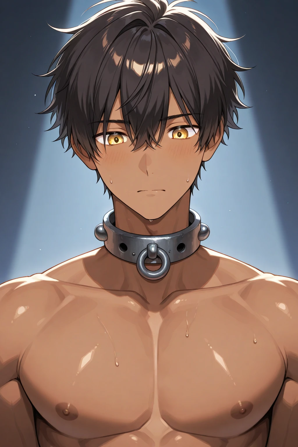(masutepiece, Best Quality),The whole body of the boy,(younge boy),teenager face,Body tilt,delicate big eyes,Open your eyes,,smooth and delicate skin,Short square face,Surprised expression,infancy,young age,short round face,Flat chin,finely detaild face,well-muscled,short bright black hair,with an intricate,nakeness,(backbone:1.2),the night,vivd colour,(depth of fields:1.2),Raised sexy, restrained arms,neck collar,Bedrooms,