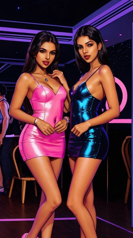 three women in dresses posing for a picture in a room, wearing a sparkling dress, wearing silver dress, shimmers, disco party, glitter dress, modeling for dulce and gabanna, sequins, shiny and sparkling, at the party, sparkly, wearing dresses, at night time, beautiful girls, diamond shimmering dress, party, 3 young and beautiful women