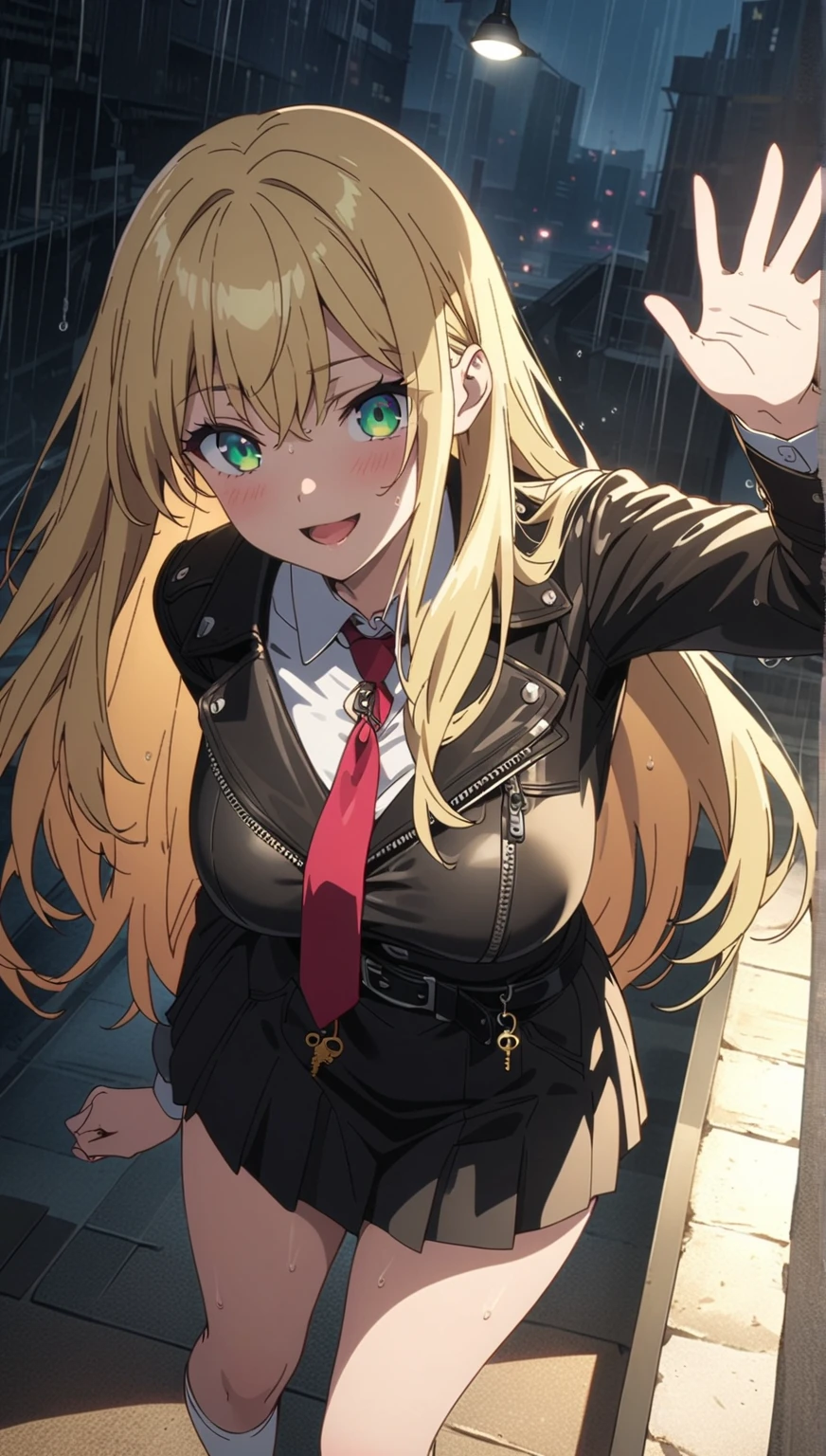 best qualityer, work of art, ultra detali, 1womanl, fleeing (chainsaw man\), maximum quality, ultra detaild, a girl, standing alone, standing, hair green, long braided hair, gold eyes, bangss, breasts big, necktie, beginner, ssmile, (evil:1.2), see viewer , (interview: 1.3), fleeing (chainsaw man), (bloody scene), trunk, black pants, face detailed, detailedeyes, high qualiy, 4K quality, 8 k quality,