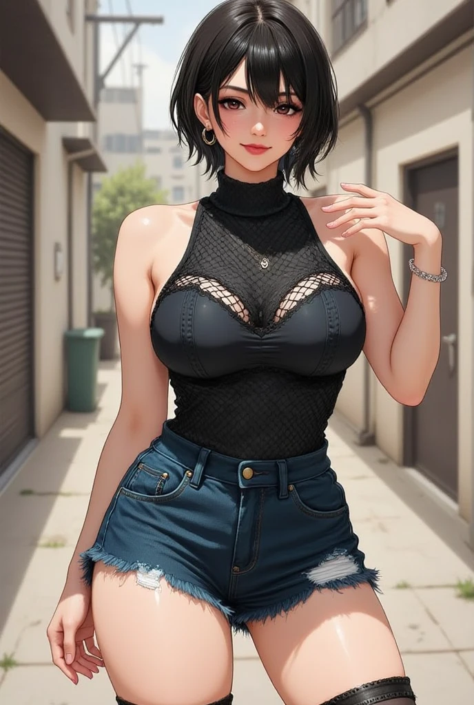 #Basics A girl is posing for a photo, animeのcute女の子,  ((One Girl)), (((Baby Face:1.4)) + ((cute:1.5)) + ((18-year-old))), 
break 

#Clothing Accessories 
((Red and black T-shirt) + (Blue denim skinny pants) + (Black belt for a tight fit around the waist) + (Red sneakers)), 
((Fancy Gold Bracelet) + (Gold hoop earrings) + (Gold ear cuffs) + (Fancy Necklace)),
break 

#Features 
((Sky Blue Hair)), ((Long side bangs)), ((short hair) : Very short hair + Curly hair + Curly Hair + Messy Hair + Hair bouncing outside),  
((Droopy eyes:1.4, Big eyes:1.4), blue eyes),   
break 

#background environment 
((noon + Sunshine + Ranch)), 
#Facial Expression Pose  
((A big smile:1.4)), (Stand by the fence + Hands on hips, strong + full of confidence), 
#composition 
((Face the camera, (Angle from the front), Character Focus, Cowboy Shot)), 
break 

#Body parts elements 
(Slim figure), 
(Detailed Hair, Beautiful Hair, Shiny Hair), 
(double eyelid, Long eyelashes), 
(Expression of fine eyes, Beautiful and delicate eyes, Sparkling eyes, Eye Reflexes, Glitter Eyeliner), 
(Human Ear), 
(Beautiful Nose, Thin Nose), 
(Glossy Lips, Beautiful Lips, Thick lips), (Symmetrical facial features), 
(Detailed skin, Textured skin, Beautiful Skin, Oily skin), 
break 

#Quality Image Quality Common 
(((Highest quality)), ((masterpiece)), ((Very detailed))), ((Ultra-high resolution)), ((16K, 1080P)), ((Full HD)), 
(Anatomically correct), (Realistic), (3DCG), (Oil painting), 
((comics, anime)), (CG illustration), (RAW Photos), 
