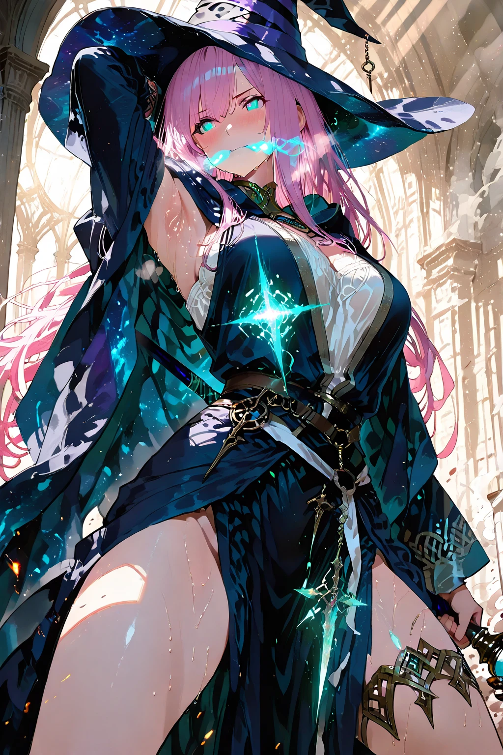 1girl, long_hair, bright_hair_color, seductive_eyes, mysterious_expression, mature_appearance, glamorous_outfit, flowing_dress, elegant_jewelry, intricate_embellishments, magic_symbols, glowing_accessories, potions, scrolls, cute_accents, bows, ribbons, flowers,