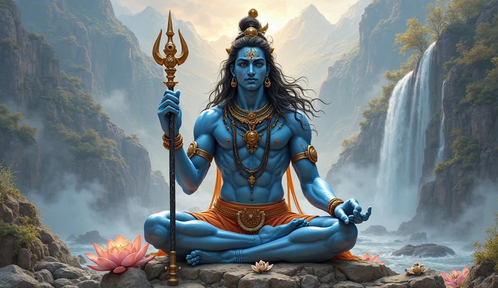 Include iconic symbols associated with Shiva, such as the trident (trishul), damru (drum), and sacred ash (vibhuti),hills