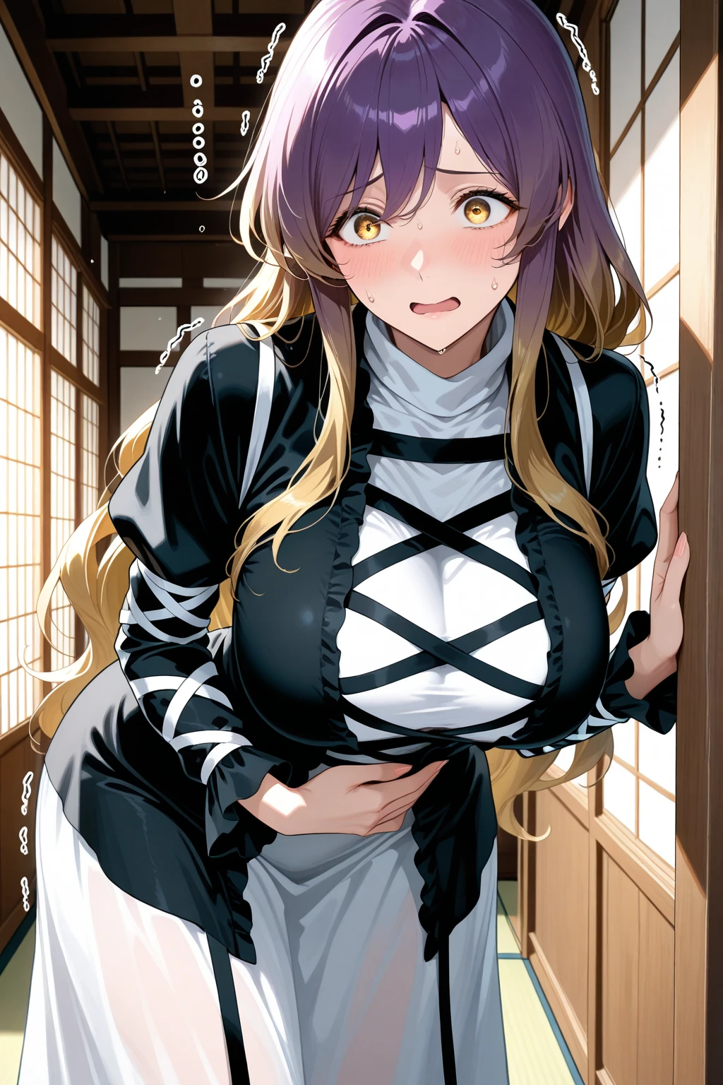 1 girls, (detailed light blue eyes, longeyelashes, detailed beautiful face:1.2), 4k quality, (Long black hair:1.5), (arms behind back:1.4), (big breasts:1.5), (blushing:1.3), (very long hair, Hair in the face, two strands in front of hair:1.4), (black skirt, White cropped shirt, Breast carrier, Side chest, cowgirl, black rope:1.7), (Bondage:1.4), (full breasts, narrow waists, wide hips:1.3), OTN, White Gag, gagged, (sitting:1.7), (sitting on the ground somewhere in Japan, camera Close to face:1.6)