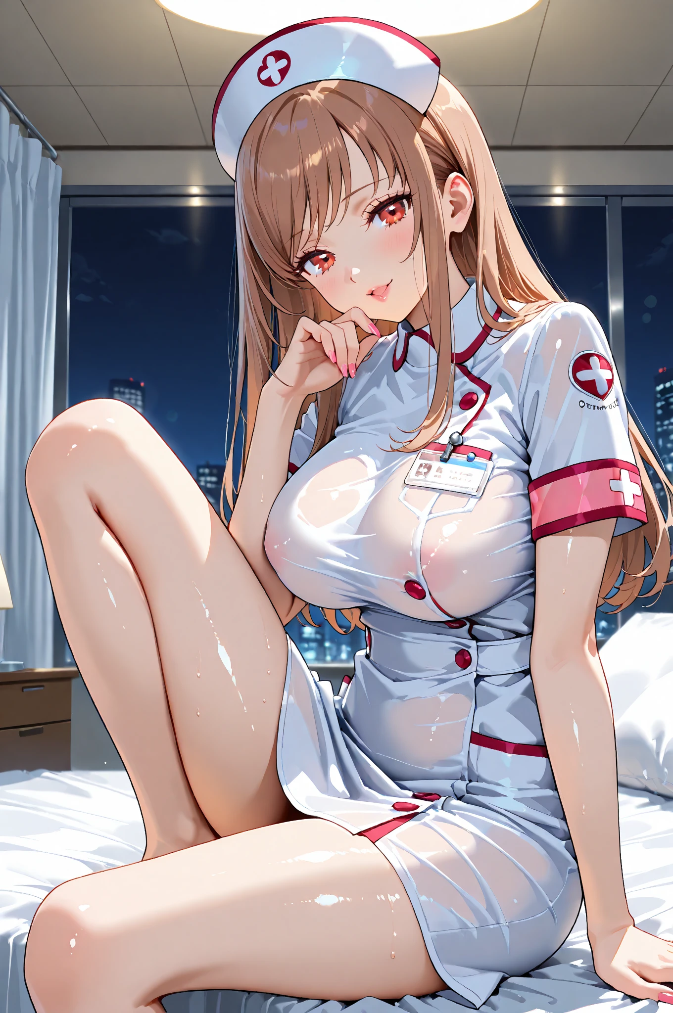 (8K、top-quality、masterpiece:1.2)、(realisitic、ultra-detailliert、超A high resolution,lying bed,squtting,bend knees,spread legs,28years,beautifull detailed face,perfect body,((nighttime)),perfect lighting,Constriction、(Slim waist :1.3)、Beautiful detailed skin、Skin Texture、Floating hair,((nurse,nurse cap,nurse costume,see through:1.5,cleavage)),in full face blush,((dramatic angle)),(((embarrassed, nose blush:1.3) ,(wet:1.0),(trembling:0.9), ,(drooling:0.6),(sweat:1.1),(frastrated:1.2),(seductive smile:1.3),moaning:1.0,ecstary:0.8,ribbon:1.5,1giri and 1boy are having sex:1.5,boy behind girl:1.5,reverse cowgirl:1.4,vagingl penis:1.0,detailed vagina,detailed penis,pussy in cum,cum face,cum body,