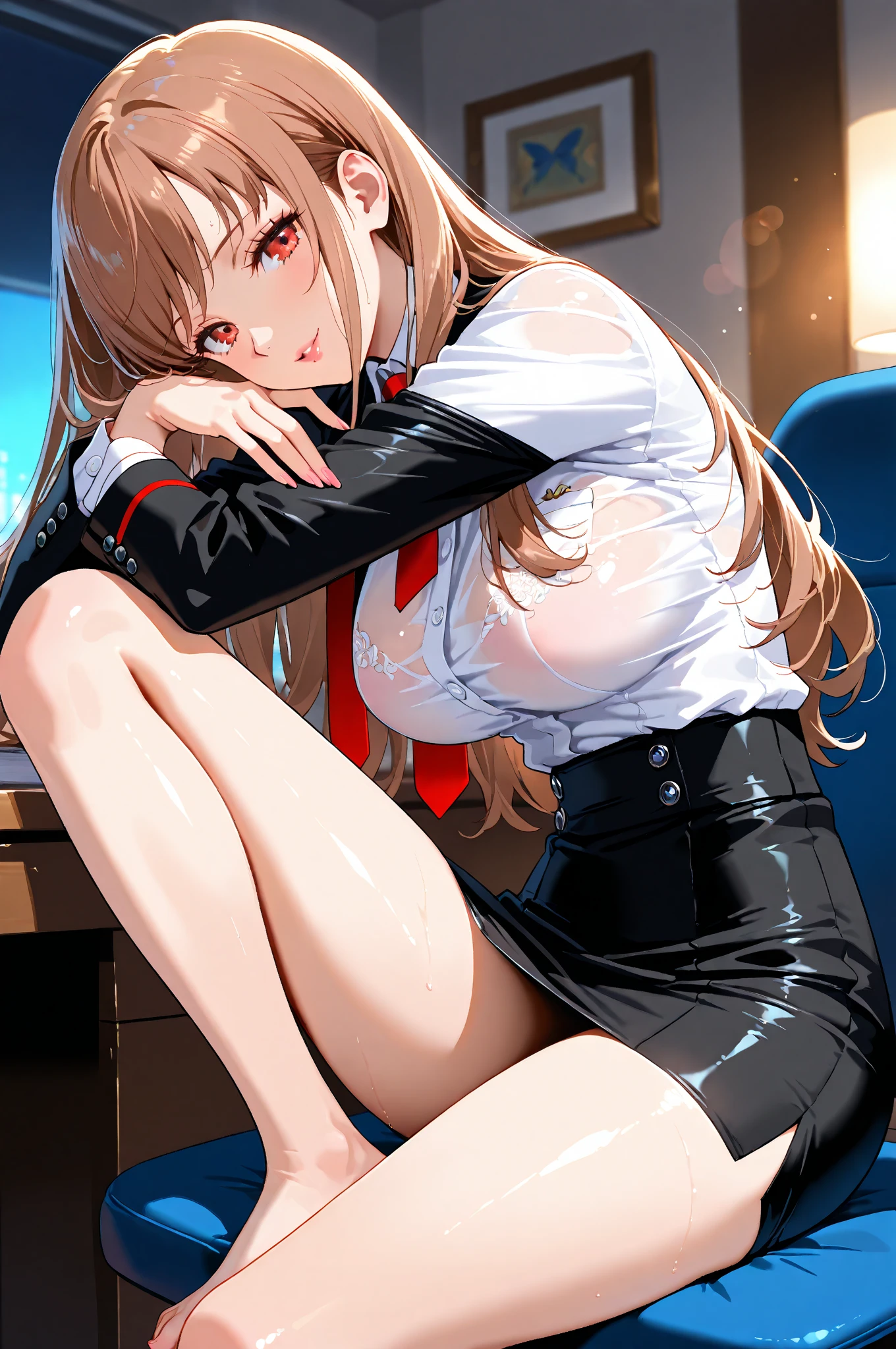 (in the dark:1.6) school girl Soak in water , red knot , red bow , white Shirt , big tits , Big breasts , skirt dark red , plaid skirt , pleated skirt