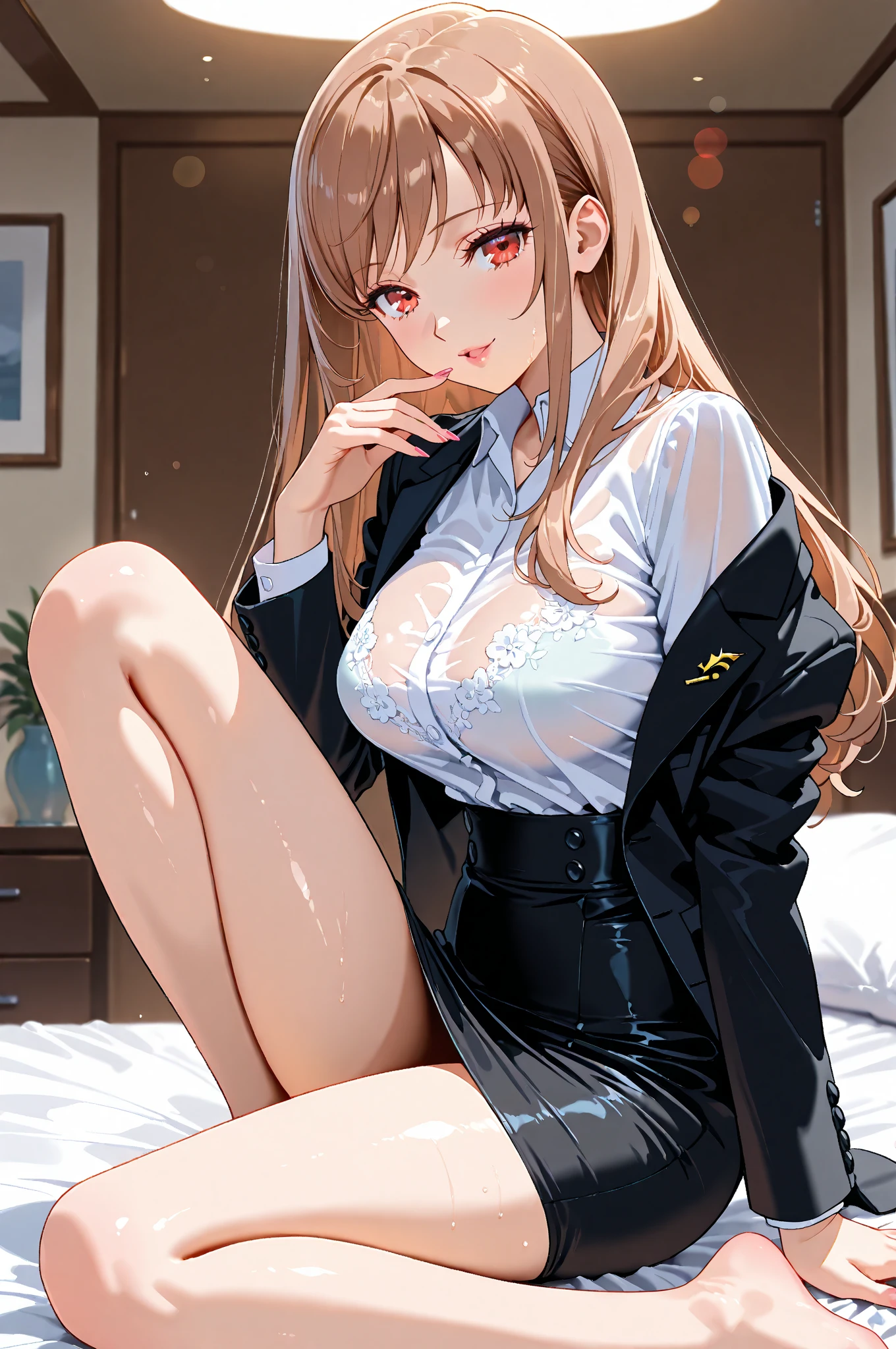 looking at viewer,close-up,Realistic, real person, (pale skin: 1.2), RAW photo, photorealistic, shiny skin, shiny hair、 (A 35-year-old woman with medium-length hair and bangs) and (wavy hair) and (brown hair) and (Orange Eyes) ,blush,(laugh:1.5)(Wearing a business suit:1.5) and (Wearing a white collared shirt)、,The background is the living room at night、Alone、Wearing a black jacket、Cleavage、BREAK half closed eyes BREAK,open mouth、illumination