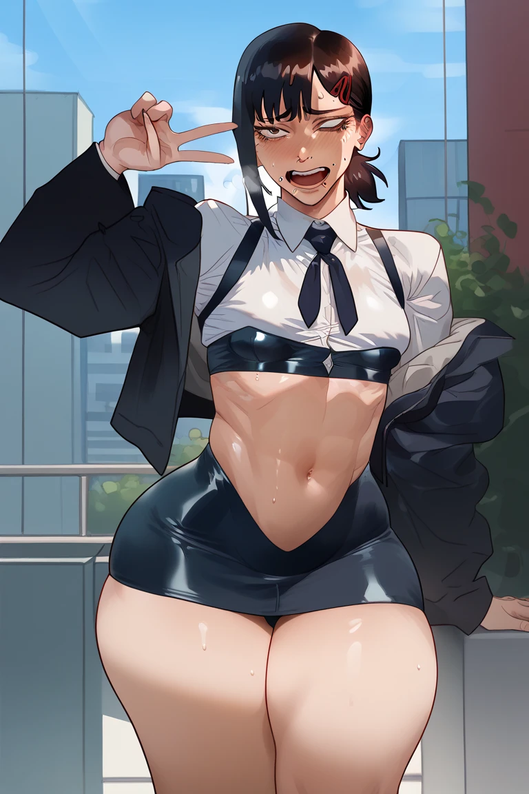 One Girl, Five Fingers, mini skirt, Looking down at the viewer、Dark eyeshadow、Galメイク, Blonde、Side Ponytail、Gal、Brown Skin, Highest quality, Focus on the thighs, Dynamic pose, smile, blazer, blouse, barefoot, Standing Split, classroom, Black Hair, Stylish pose,My thighs and groin are steamy 、Black gorgeous panties