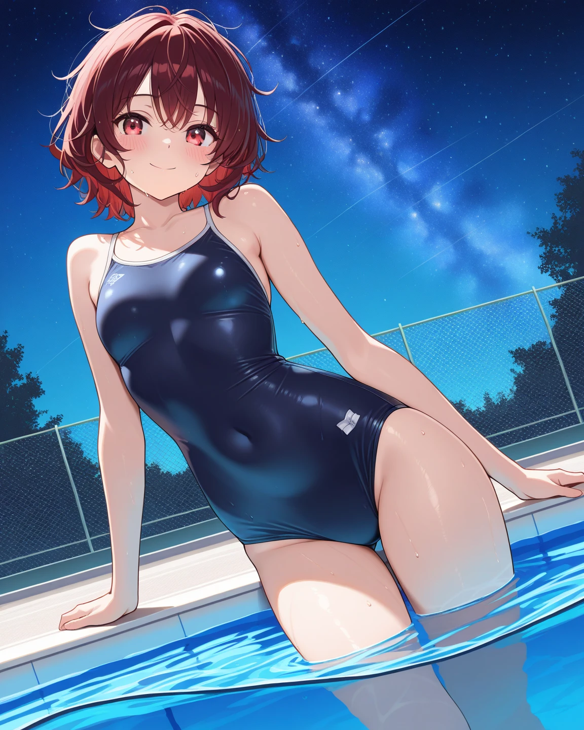 Anime boy in swimsuit standing in pool, gender change, gender change(Girls to boys), High-cut swimwear, U-back swimsuit, rating:safe, solo, smile, Boy with short red hair, Boy standing by the pool, grin, looking_at_viewer, Show your ass, , Cool boy in black and red tank suit,A boy is looking back , cowboy_shot, shiny, shiny_hair, Boy with brown eyes, water, bangs, indoors, garments:High-cut swimwear, from_behind, from_side, pool_ladder, 1990s_(style), legs_together, highleg