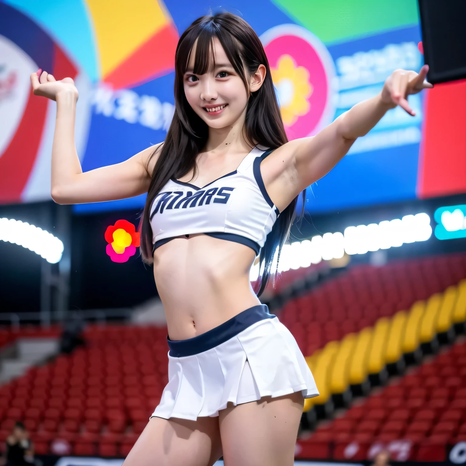 (Cheerleader:1.2),(beautiful girl:1.3), (17 years old), (Highest quality:1.4), (Very detailed), (Very detailed美しい顔), (Sweat:1.2), (Dance 1.5), (Look Away:1.5), (Cheerleaderの衣装:1.3), smile, White skin, Great face, iris, Short Bob Hair, (Skinny body type:1.2), (Flat Chest:1.2),Smooth, Very detailed CG 統合 8k 壁紙, High-resolution RAW color photos, Professional photography, Light, BackLight, dream-like, impressive, Written boundary depth, Basketball court, Cowboy Shot,
