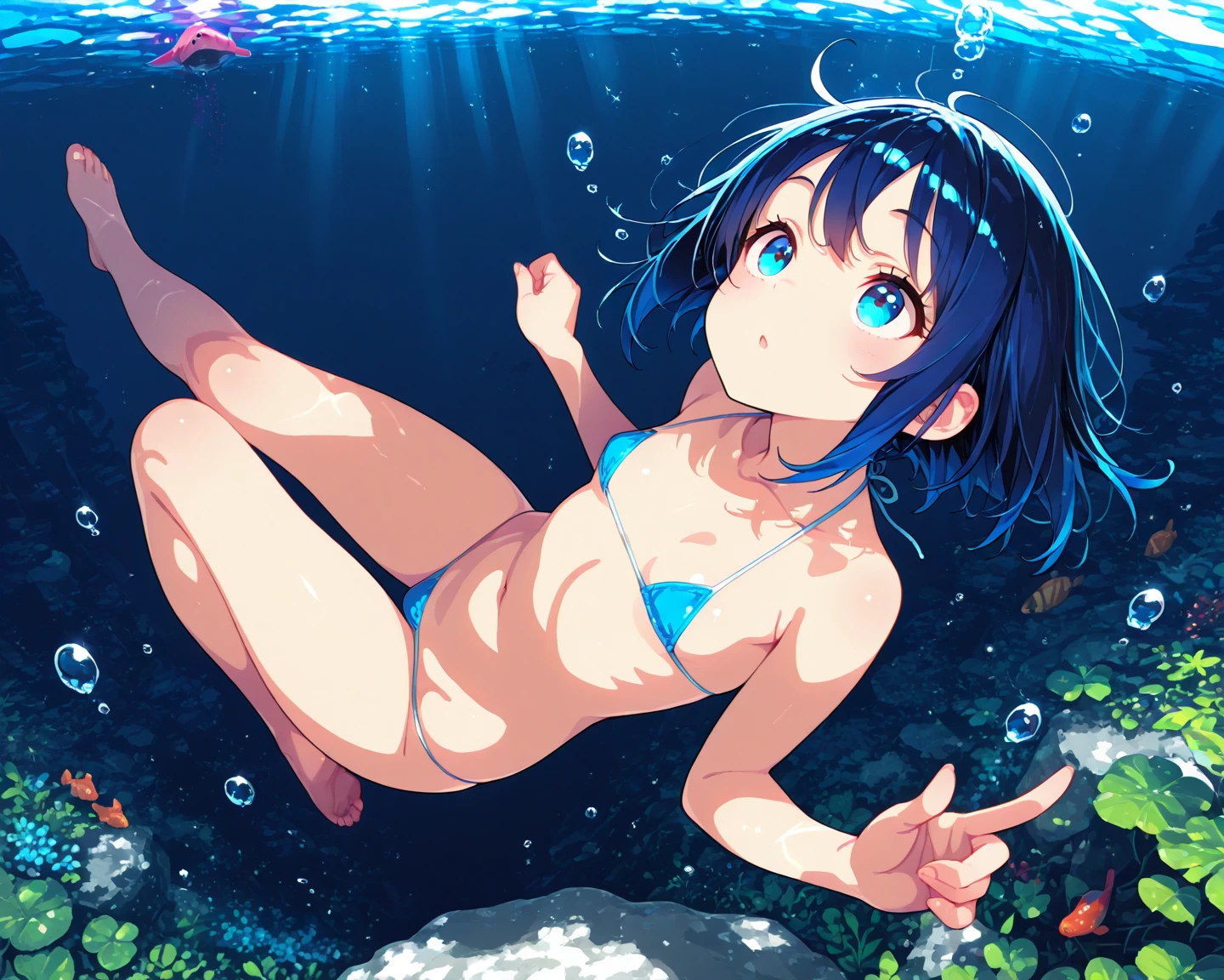 nsfw,beach, pov hands, be spreaded legs, anime, moe, kawaii, partially submerged, partially underwater shot,(misaligned bikini, untied bikini),pussy slip, nipples slip, underwater, glistening skin, medium breasts, shy, open mouth, steam, sweat