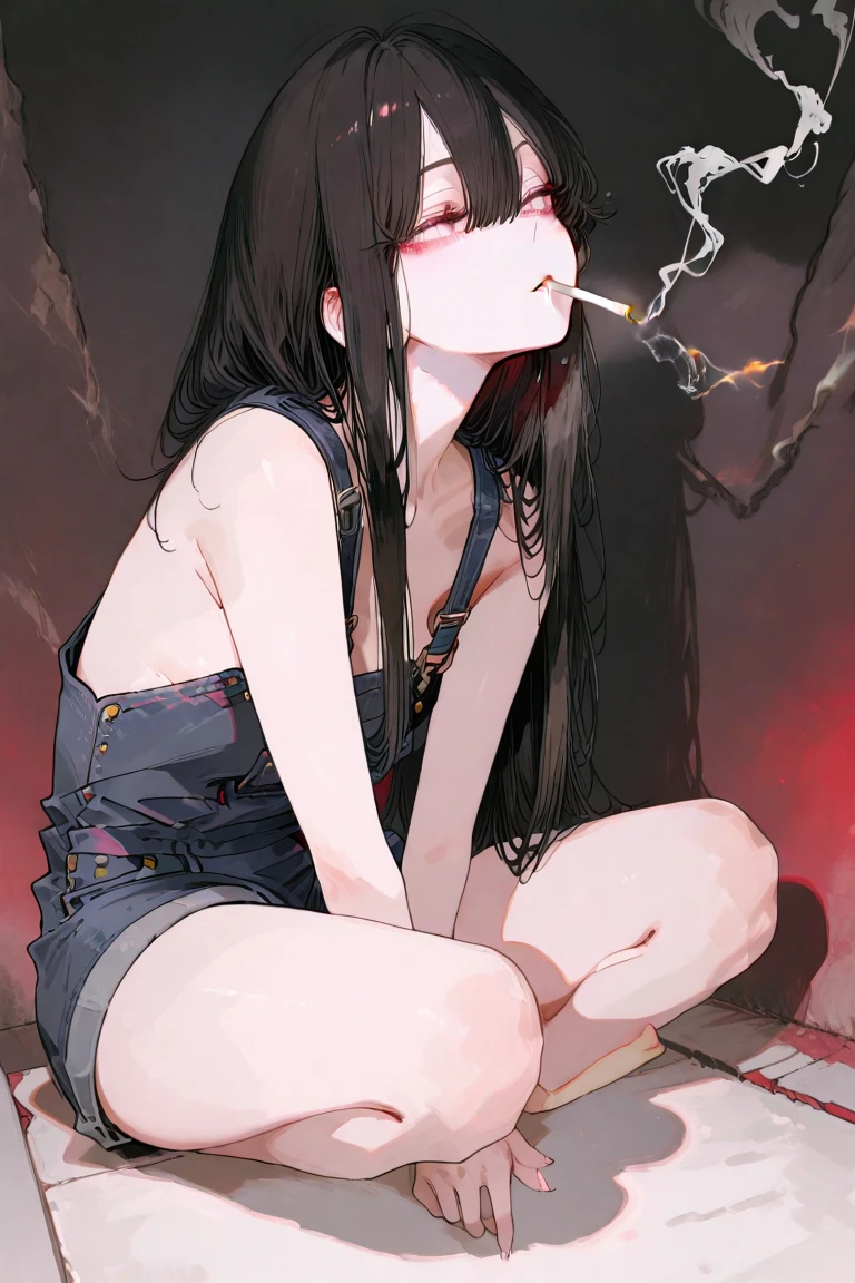 One girl smoking , Character Focus, Close to the audience, Cowboy Shot, From below, Sitting on the street, Raise your knees , Street fashion, (((Panty shot))) , Long black hair, ,White Background, whole body,High resolution,(Incredibly absurd),Anime Visual,Highly detailed CG Unity 8k wallpaper, ((masterpiece)), ((Highest quality)), (Beautiful illustrations), ((Very delicate and beautiful))