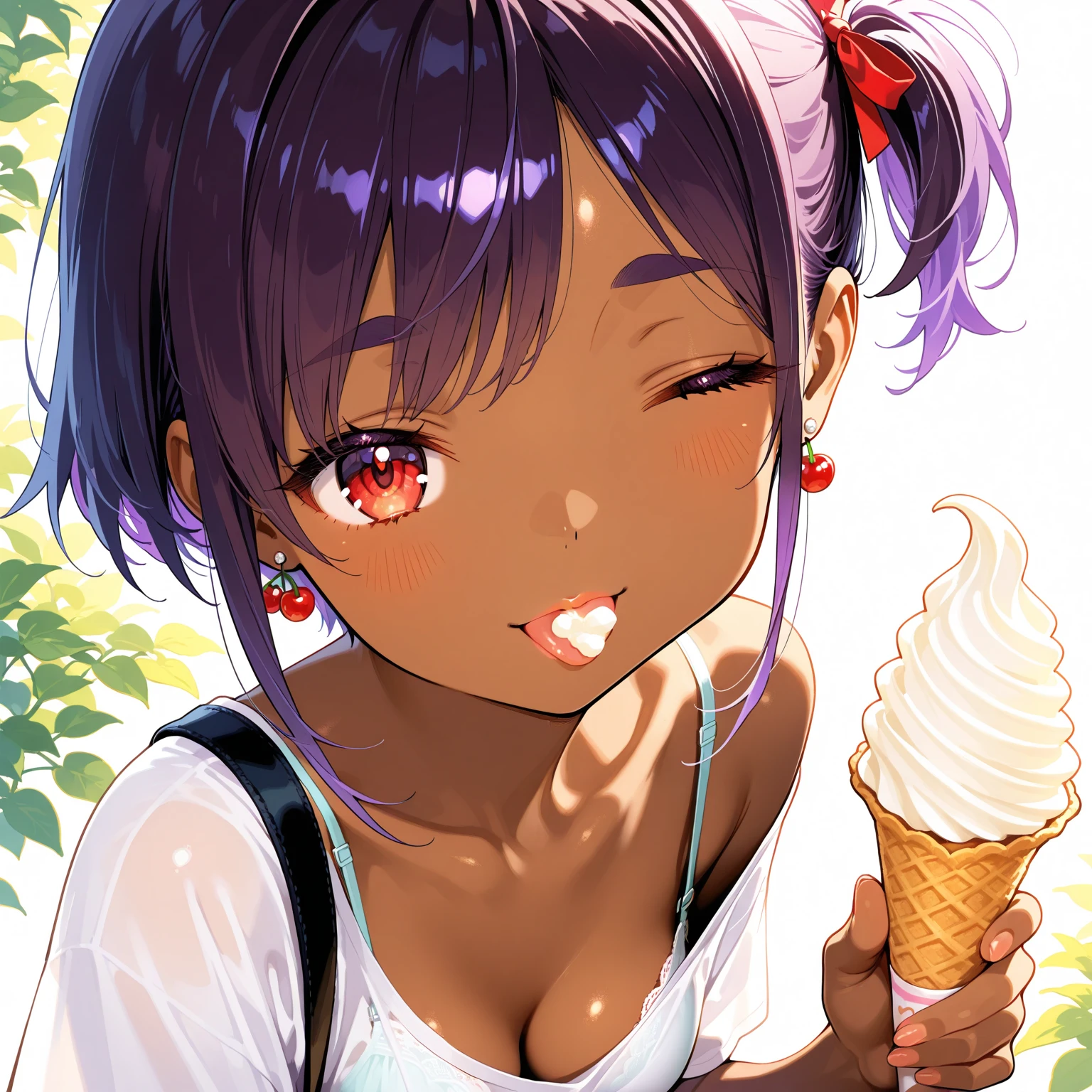 (((masterpiece))),dark skinned, smiling,has black braids with purple bow, wearing white tight shirt with a light pink heart,short shorts, white shoes, sitting eating icecream, cute stickers on cheeks