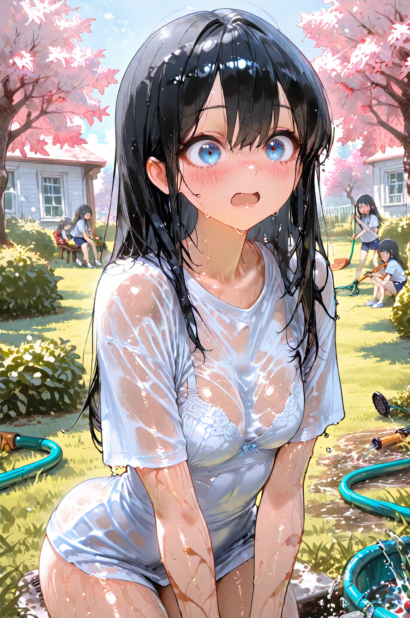 nsfw, nude, naked, 1girl, large breasts, nipple. empty eyes,,shizu murasame, long hair, blue eyes, black hair, sidelocks, hime cut, bangs, blunt bangs,,, 16 years old、 crying 、whole body, amusement park, solo, Peeing, lactation, projectile lactation, (Sweating profusely, Love juice, Wet Woman, female ejaculation)