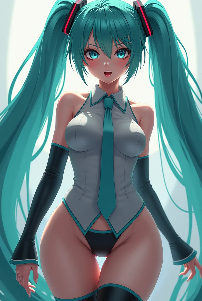 ((high quality:1.2)), 8k, extremely detailed, ((High detail:1.2)), (Hatsune Miku), a girl with 18 years old, (crop top open underboob, thong panties), BREAK, ((pulling the panties up while the panties enter the pussy)),