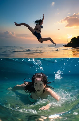 A beautiful Japanese woman in her late 20s with a bob cut is skydiving in the sky４０００Meters、She is sensual、Micro Bikini、Very sexy swimsuit、She has her arms and legs spread wide and is having so much fun.！Clear focus