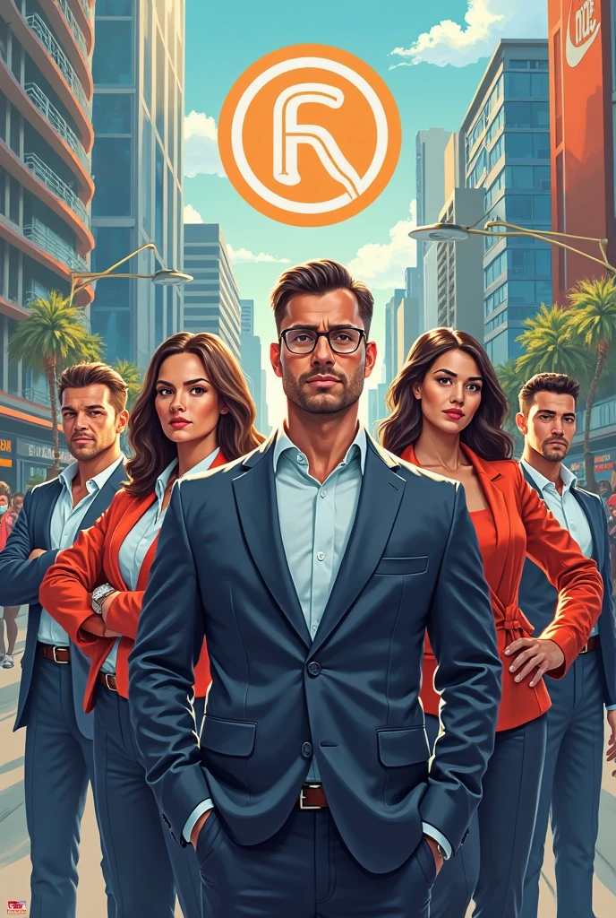 Three tall girls on the lfe left, three tall girls in the right, short man in the middle, the girls are much taller than the man, girls have big  and cleavage, girls are wearing black, man is wearing blue shirt, girls are standing barefoot, man is wearing shoes,