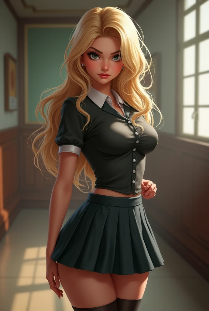 Blonde Woman, in schoolgirl sexy position, tetas grandes, school, day light