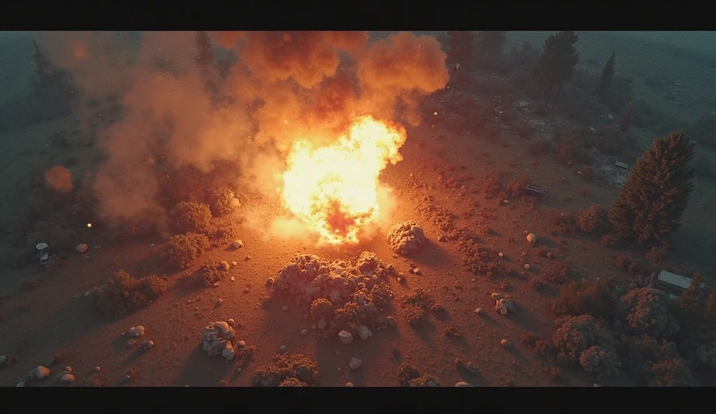 Satellite image taken from directly above the smoke of a small explosion on the battlefield