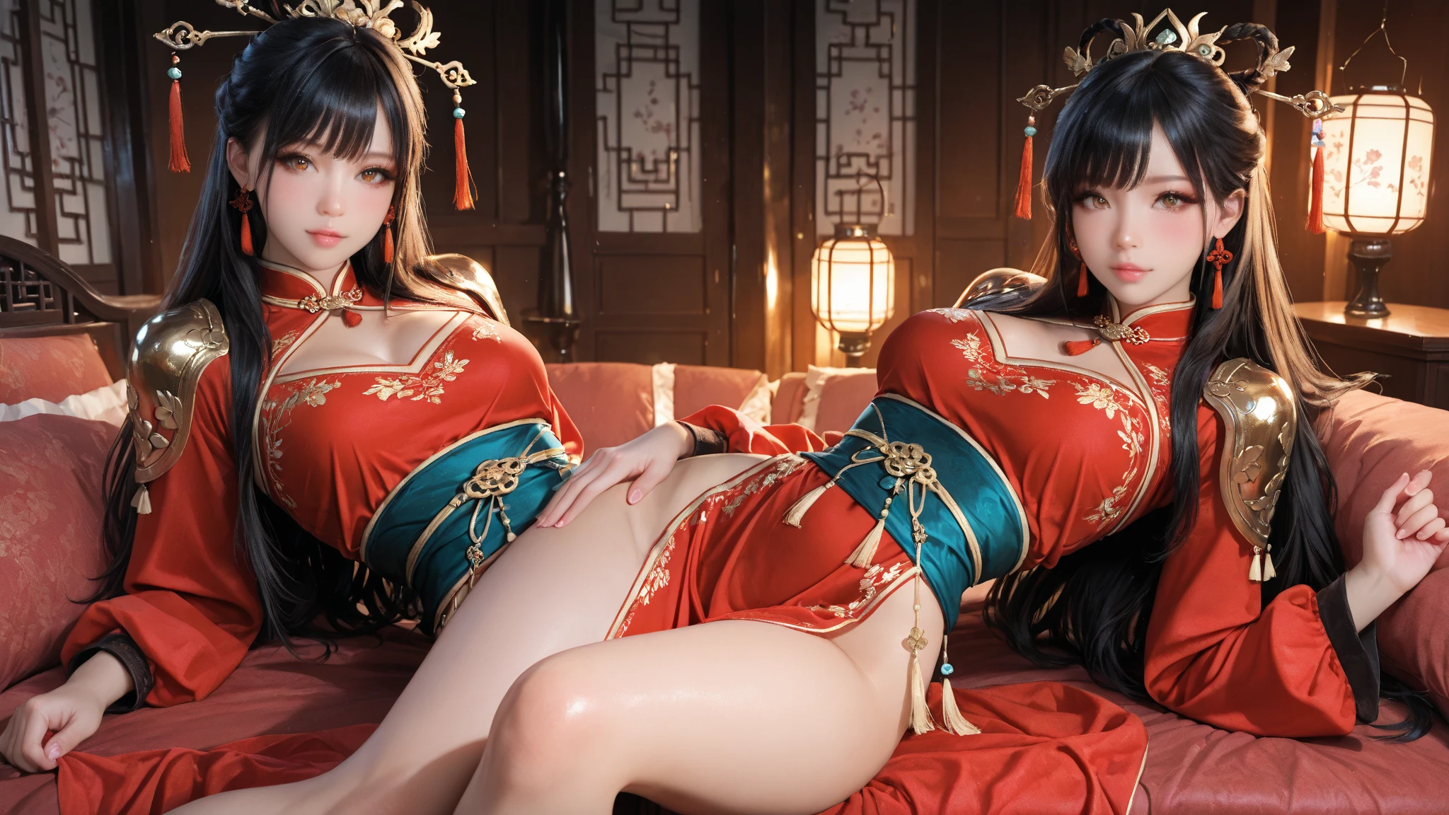 hinoa,minoto, Wearing a black dress, Intricate hair ornaments, Very large breasts, Cleavage, Knee socks, Big Ass, Tight waist, Soft belly, Soft Skin, ultra Realistic skin, Black Hair, Bangs hairstyle, Hair covering the eyes, Perfect Face, (blush:1.15), Smoky Eyeliner, Curl Mascara, eye shadow, Plump Cheeks, Fuller lips, (Grin:1.1), View your viewers, sunset, vision, Sharp focus, ultra Realistic painting, Realistic, masterpiece, Professional artwork, photoRealistic lights, hard lighting, Ultra-detailed textures, Super detailed hair, Super detailed face, Perfect Eyes, Topics on pixiv, hyperRealistic paiting, Fantastic realism, Ambient Occlusion, art gelm, Bare breasts、((Nipples are visible:1.3)),Open your mouth wide、Sticking out tongue、Erotic squatting、Squat、Open Leg、Fishnet tights、garter belt