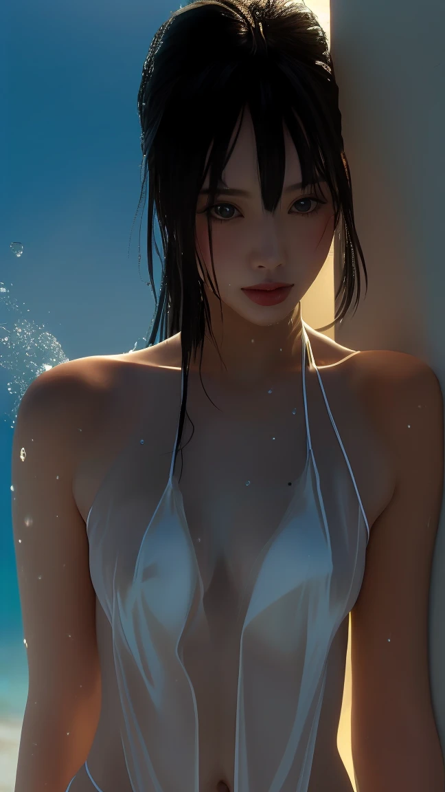 Top Quality, Masterpiece, Ultra High Resolution, (Photorealistic: 1.4), Raw Photo, 1 Girl, Dark Hair, Glossy Skin, WET BODY, Dramatic Lighting, Full Body