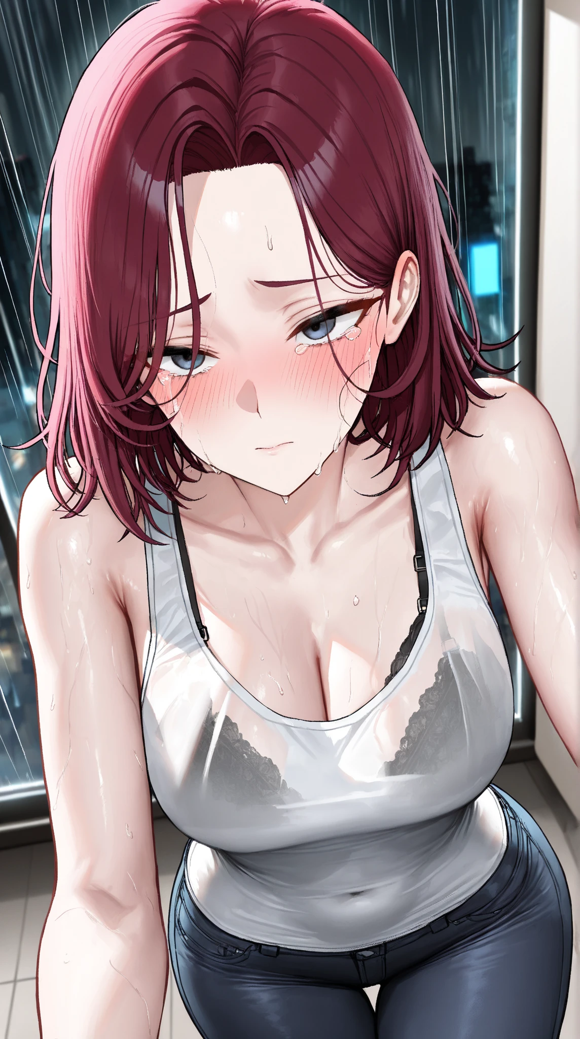 High quality, high definition, hig
h precision images,8k 1 Girl Robot Girl、red hair,Twin tails,Red eyes,robot style barrette, all dark blue school swimwear 、A shot of a cowboy taking a shower outside,sports swimwear、big breasts,Show your cleavage,A sexy face combing her hair with her hands,Being wet with a lot of water, having a lot of water flowing through your body