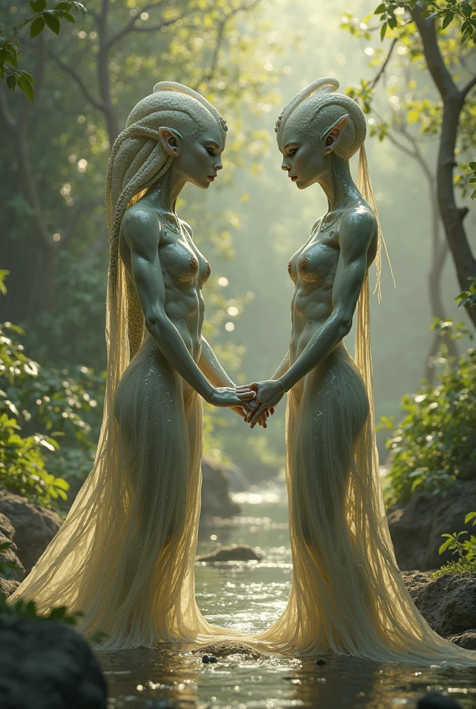 There are two alien people(soft human features) with horns and body paint, alien man with alien woman, zbrush contest winner, jessica rossier e brian froud, alien hybrids, female humanoid creature, saurians, Sylvain Sarrailh e Igor Morski, hyperdetailed fantasy character, concept creature character art, zbrush central contest winner, ancient humanoid beings, full body on show, strong and anatomically perfect bodies