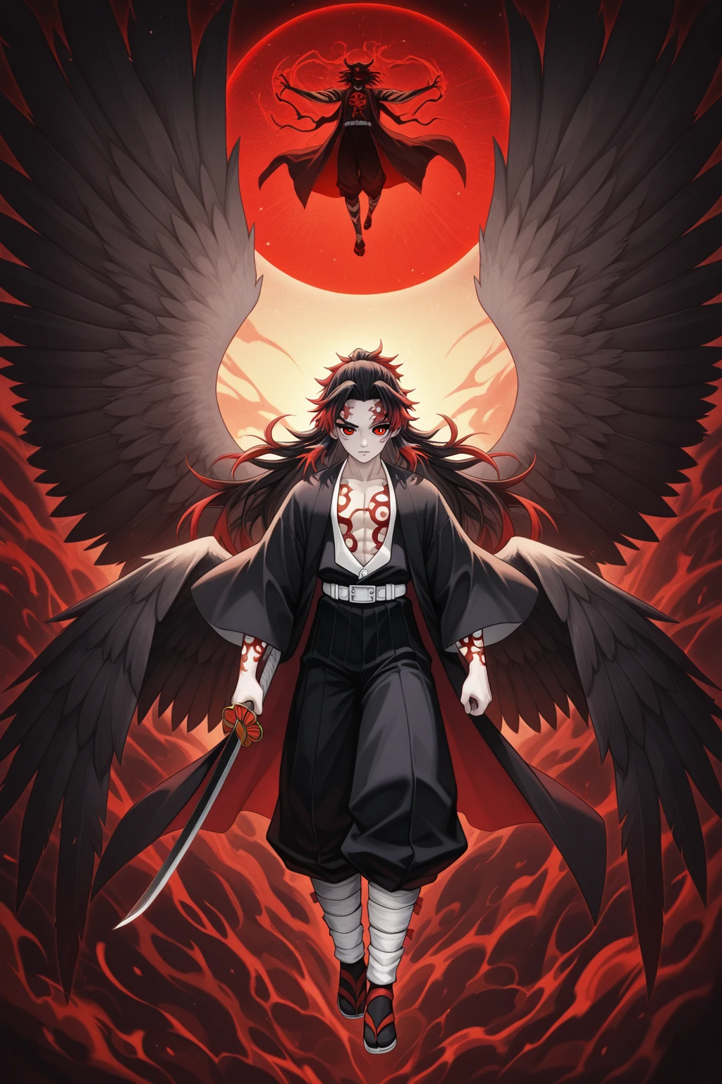 Masterpiece、Highest quality、Super detailed、Nico Robin\(one piece\),Hanahana fruit、Devil&#39;s Child、Red skin、Extra Arms、Devil&#39;s Red Wings、Sharp Fangs、Black Horn、Black Haori、White floral kimono、Tornado of Fire、solo、1 person