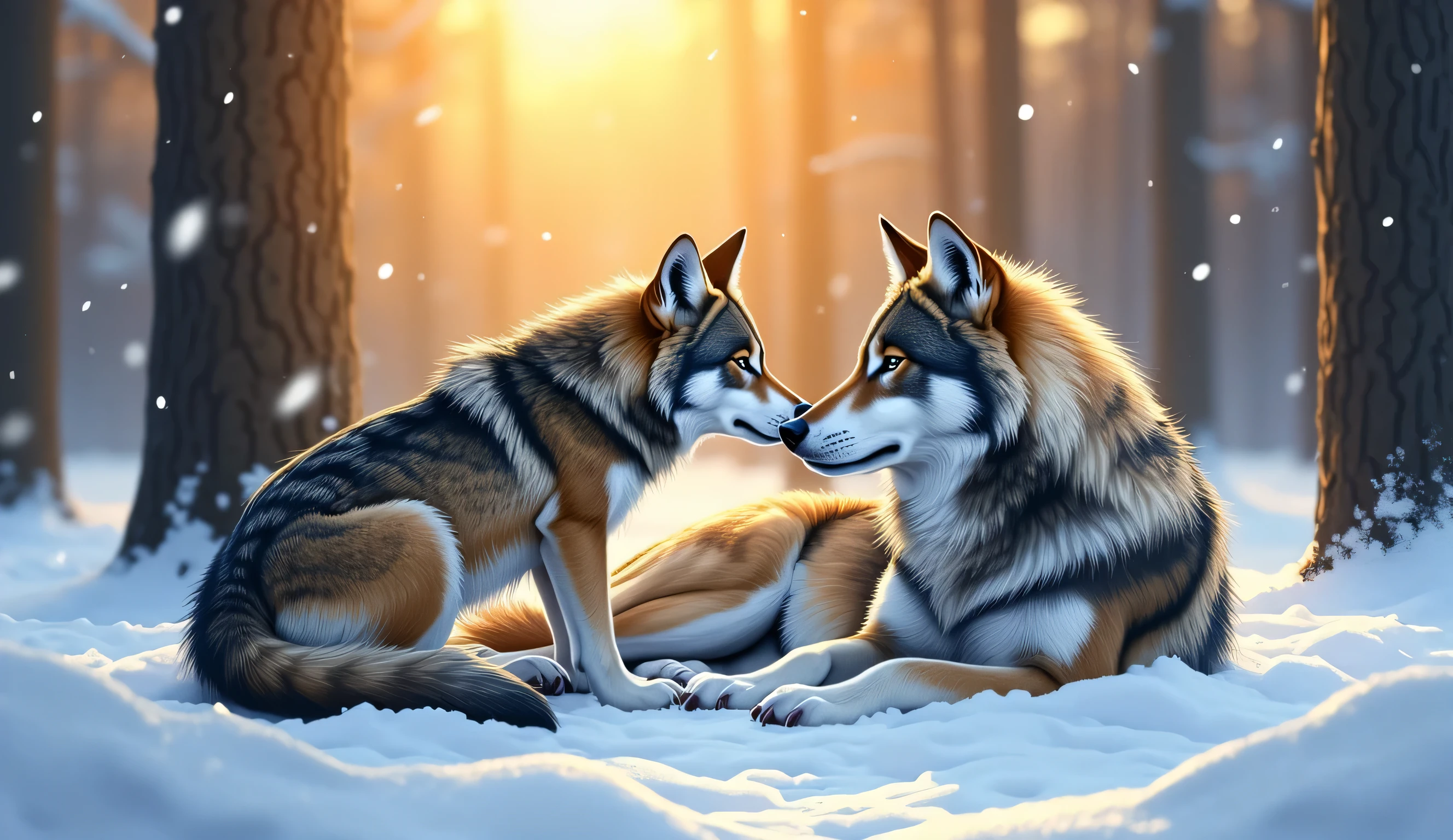 A 2.5-year-old beautiful female Indian grey wolf gently nuzzling the still face of a 3-year-old majestic male Indian grey wolf lying motionless in a quiet snow-covered forest clearing at dawn... Her posture is desperate yet gentle — one paw resting against his side, her head leaning close, her nose pressed softly to his cheek as if pleading for him to wake... Her fur is softly ruffled, catching the golden morning light that filters through the tall pine trees dusted with snow... His body remains peacefully curled, still wrapped protectively around where she had lain, untouched by the rising warmth... Snowflakes fall quietly through the air, adding to the stillness, while the forest stands silent — a sacred, frozen witness to this moment of love and loss...
Style: Semi-realistic, hand-drawn illustration style with vivid colors, soft golden lighting, Indian face and fur aesthetics, blending anime and traditional illustration aesthetics.