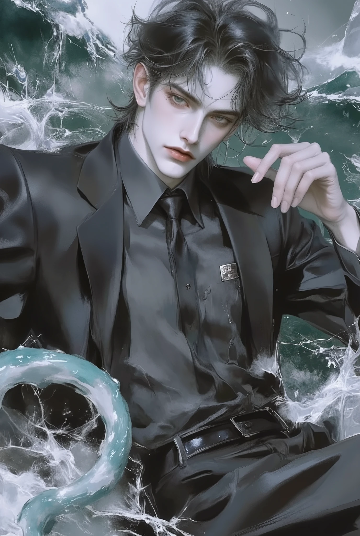 8k , masterpiece , 20 year old male , beauty, male-centered , beauty man, Thick painted , Perfect Eyes , semi-realism art , semi-realism art style , masterpiece , top quality , amazing quality , Exquisite Details , very detailed , alone , dark ocean background, Glossy finish , watercolor , pastel color , Natural Light , dynamic angle,아름답고 우아한, wavy hair, 굵은 머리카락 ,   한국 만화 스타일, expressive lines, zoom out, full body, 생생한 붓놀림 ,  인상주의 회화 , 사실적인 피부,  사실적인 머리카락, 사실적인 디테일, blue eyes, 이마가 보이는 앞머리, He had wavy hair, he had black and blue octopus legs, black hair, short hair, black button up shirt, black suit pants, he look sad, some tears, sad, tears, cry, looks misery, misery