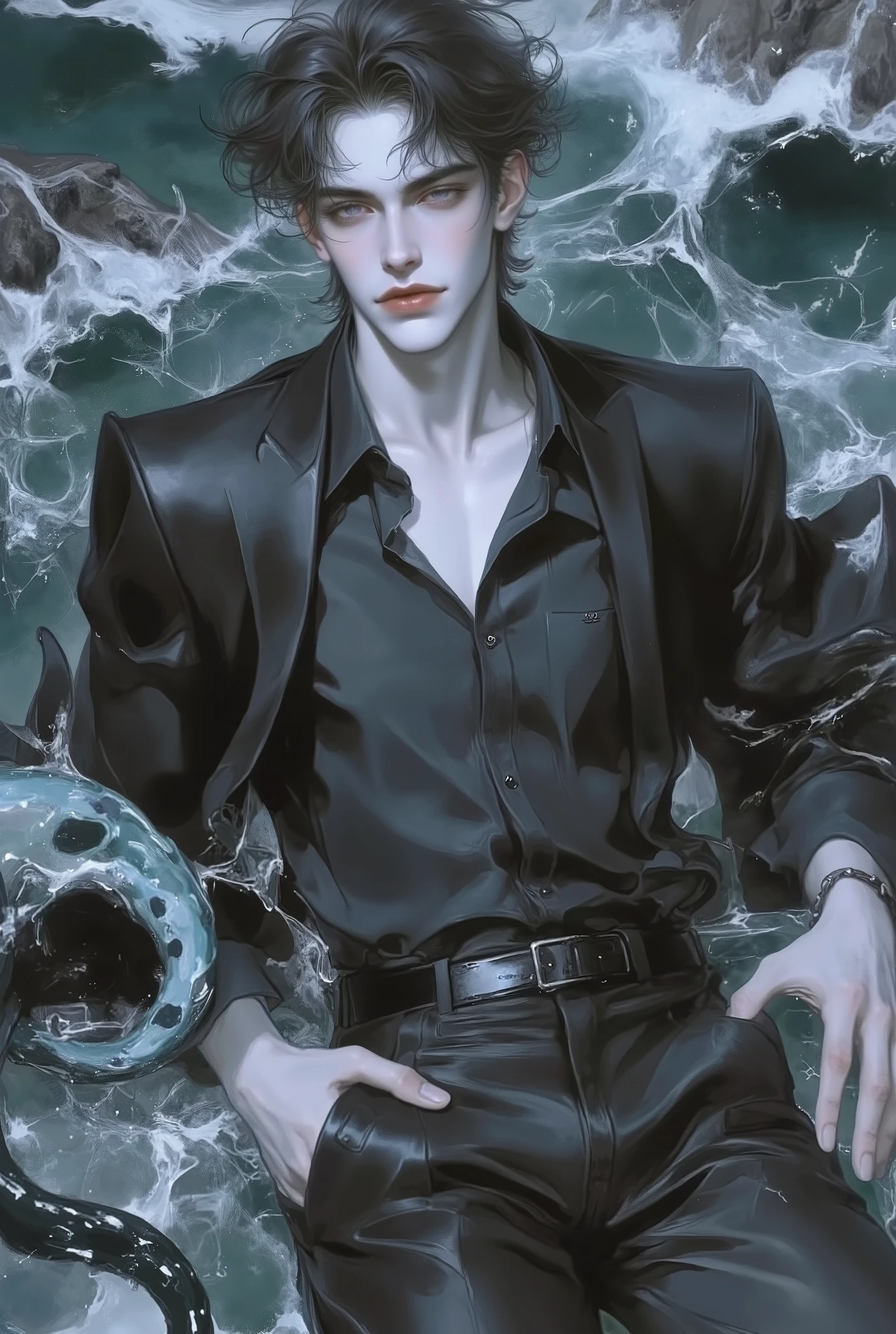 8k , masterpiece , 26 year old male , beauty, male-centered , beauty man, Thick painted , Perfect Eyes , semi-realism art , semi-realism art style , masterpiece , top quality , amazing quality , Exquisite Details , very detailed , alone , dark ocean background, Glossy finish , cute , watercolor , pastel color , Natural Light , dynamic angle,아름답고 우아한, wavy hair, 굵은 머리카락 , 한국 만화 스타일, expressive lines, zoom out, full body, 생생한 붓놀림 , 인상주의 회화 , 사실적인 피부, 사실적인 머리카락, 사실적인 디테일, blue eyes, 이마가 보이는 앞머리, He had wavy hair, he had black and blue octopus legs, black hair, short hair, black button up shirt, black suit pants, sly smile