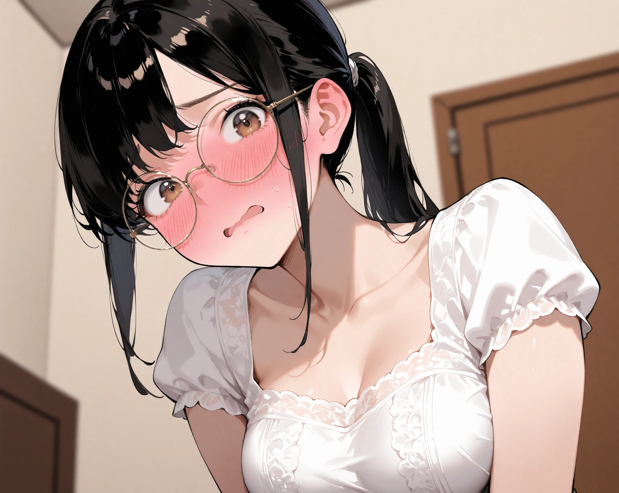 (Tabletop, Highest quality, Capture the cutest moment, Depth of written boundary, Ultra-detailed, Ultra-high resolution, C4D, Octadale, 3D Modeling, 8K, 16K, One Girl,Middle school students, ,Black-haired,short hair,Straight Hair,Light brown eyes,White headband,Wearing black glasses,Cute face), Black tank top、bloomers、Shabby room,knight,Moonlight, Recall,
