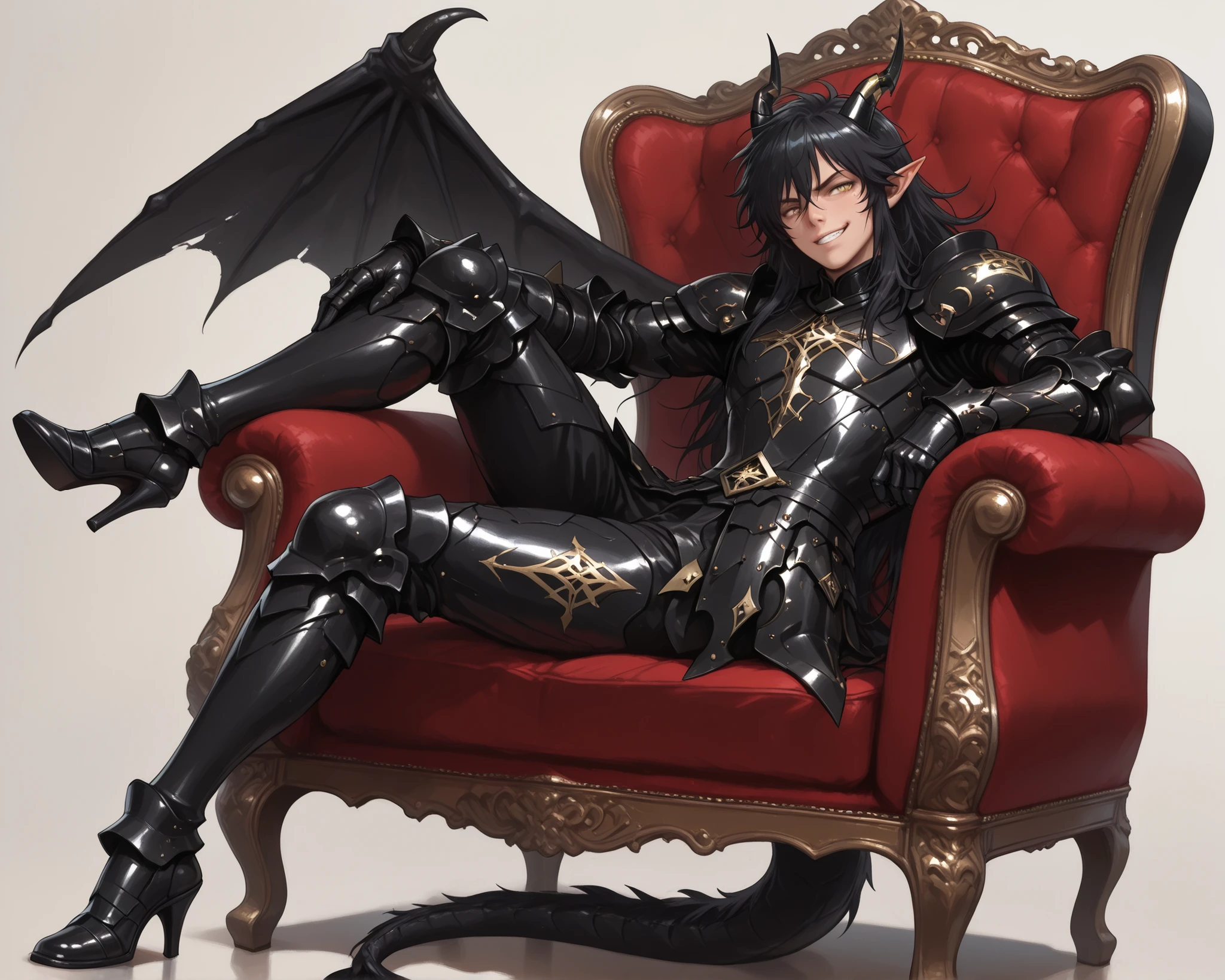 score_9, score_8_up, score_7_up, absurdres, (((128K Ultra High Resolution))), (masterpiece, best quality: 1. 5), (high definition: 1, 4), highres, 8K wallpaper, (excellent graphics: 1. 5), CG, (((Japanese Anime style))), (Black Saint Seiya), (1 male), solo, ((lean body, masculine)), weredragon, glossy black, shiny black leather, ((beautiful golden eyes, finely detailed eyes, bright eyes, slit pupils)), hair between eyes, black hair, long hair, sideburns, wild hair, (sly grin, sinister grin, smirk), teeth, confident, (((ultra detailed face))), shiny skin, long pointy ears, twisted torso, long-legged, sculpted face, wasp waist, dragon horn, dragon tail, dragon wings, dragon sharp claws, (black armor with a lot of grandiose decorations: 1. 5), half dragon half human, (sit cross-legged, closed legs, sit sideways, luxury carved red plush velvet chair: 1. 5), (dramatic angle, dynamic pose: 1. 5), (ultra detailed black armor, well-polished black armor: 1. 5), (gold-adorned armor: 1. 5), all black outfit, full body, emphasize face, sharp focus, good-looking man, (best illustration, highly detailed artwork: 1. 5), (cinematic), dramatic lighting, (intricate detail, extreme detailed, super detailed: 1. 5), (stark contrast, heavy shadows: 1. 3), detailed black decorations, beautiful & aesthetic, photoreal, (from side), (mysteriously crafted black metal armor: 1. 5), thick & luxuriant hair, (ultra detailed fantasy black armor, wonderful black armor: 1. 5), (realistic metal texture), broad shoulder, true-to-life visuals, artistically refined, (extremely delicate & beautiful armor, elaborate armor details: 1. 5), (giant black armor, dark armor, stylized armor: 1, 5), (((armor-type high heels))), (extremely detailed armor with intricate engravings, intricate armor with gold ornaments: 1. 5), ((very gorgeous and dazzling)), (dark fantasy black knight: 1. 5), slim waistlines, wide chested, sinewy body, (Hyper Detailed & Perfectly Designed Black Armor: 1. 5), (simple white background)