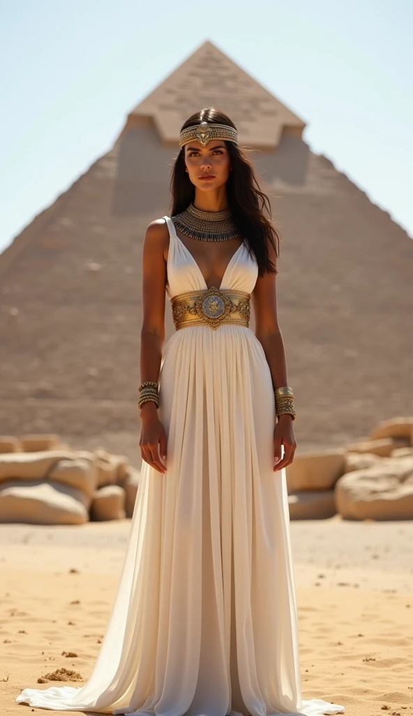 front view of a beautiful woman in ancient Egypt dress, golden belt over dress, she have normal hips, she have nude legs and foots, ancient Egypt panorama background