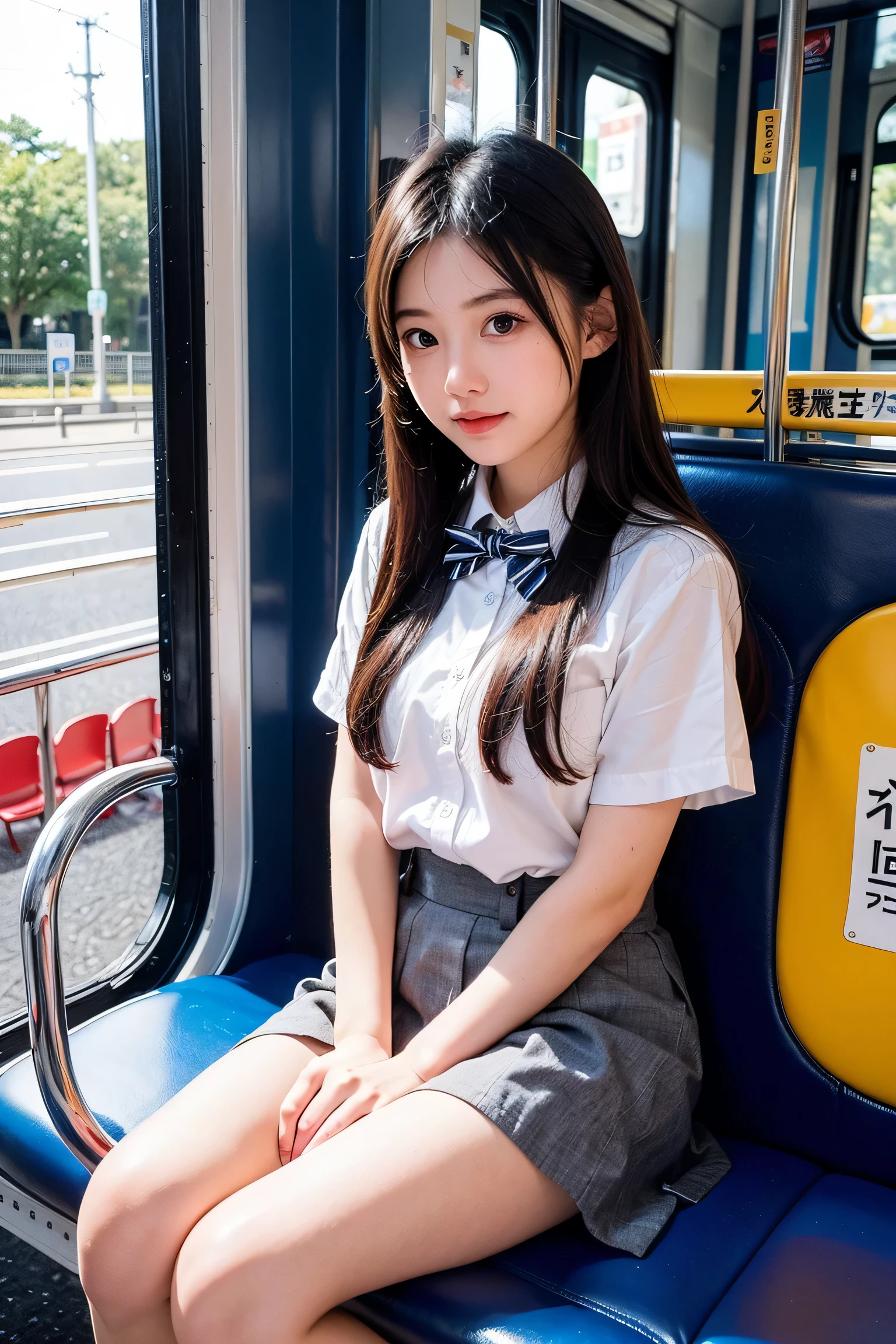 highest quality,Very detailed,masterpiece,Realistic,Photo realistic,Bright lighting,One Girl, Very beautiful elementary school girl, (cute:1.2),A faint smile, (Brown eyes),(Light Brown Hair),(Bans),Perfect glowing skin,Perfect Skin,((erotic,Sexy and sexually explicit)),((Accurate needles without discord)), Big ample breasts,Big breasts and small waist, Observe your audience,,((Short sleeve uniform white shirt)),(Blue mini pleated skirt),(((Roll up the skirt yourself))),(Lifted it himself),(Showing panties),Wearing panties,Panty Focus,((sit,Spread your legs wide)), socks, (White knee socks),(Loafer shoes), Daytime,in the train,A long seat facing away from the window, A big smile,
