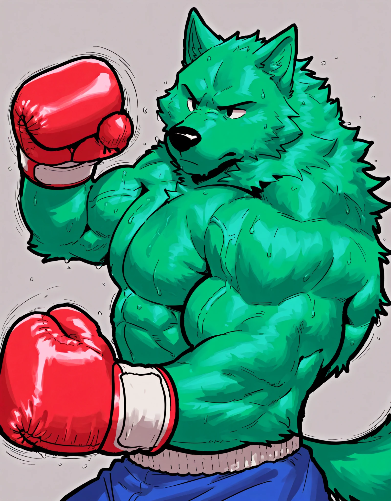 solo, 1boy, Huge Muscular White Polar Bear as the incredible Hulk wearing glasses, huge green fur, pectoral, huge pectoral, wide pectoral, short white hair, red colored boxing kickboxing shorts, red colored kickboxing gloves, footwear and shirtless and topless, white bearded, white Mustache, green fur, simple background, masterpiece, high detailed, 8k, high resolution, at the gym,