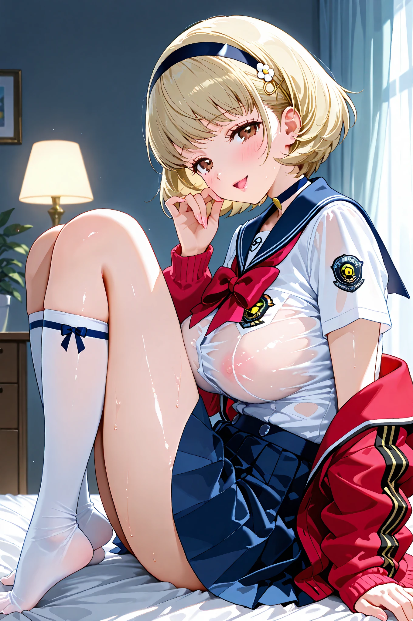 best photo,NSFW,blonde,Red ribbons,uniform,vagina,Nipple masturbation,Sweaty,bodily fluids,smelly,((crying how bright)),red blush,((Drool))，snot,((soaked))