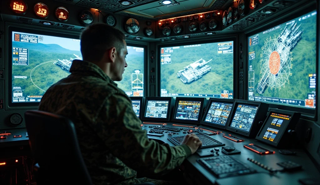 Create a breathtaking, ultra-high-definition artistic image that captures the intense and focused atmosphere inside a modern tank's commander hatch. | Visualize the interior of the tank's commander hatch, with detailed and realistic controls, buttons, and screens. The tank commander is seated, viewing an LCD monitor that displays a live feed of the battlefield. On the screen, a visible enemy tank is clearly outlined, adding a sense of urgency and tension to the scene. | The commander's perspective should be emphasized, showing his hands possibly gripping controls or interacting with the equipment, while the monitor glows with the digital image of the enemy tank. |The overall composition should emphasize the high-tech environment inside the tank, highlighting the contrast between the confined, high-tech interior and the dangerous, open battlefield visible on the screen. | The lighting should be dim, with the primary illumination coming from the glowing LCD monitor and various control lights inside the tank. The monitor's display should be detailed, with the enemy tank clearly visible, adding a sense of impending action. | The image should evoke a sense of tension and readiness, capturing the commander's focus and the technological sophistication of modern warfare, creating a visually compelling and immersive scene.