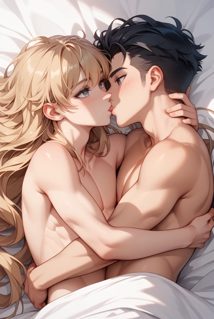Blonde woman with long wavy hair, slanted red eyes, white skin, sexy and innocent look, half naked, wearing a red one-piece bikini, nice body with curves, lying on a bed, kissing a man, silver hair and straight hairstyle up, boxers, boner, hugging the woman, lying on the same bed, semi-realistic, perspective photography, Full HD 