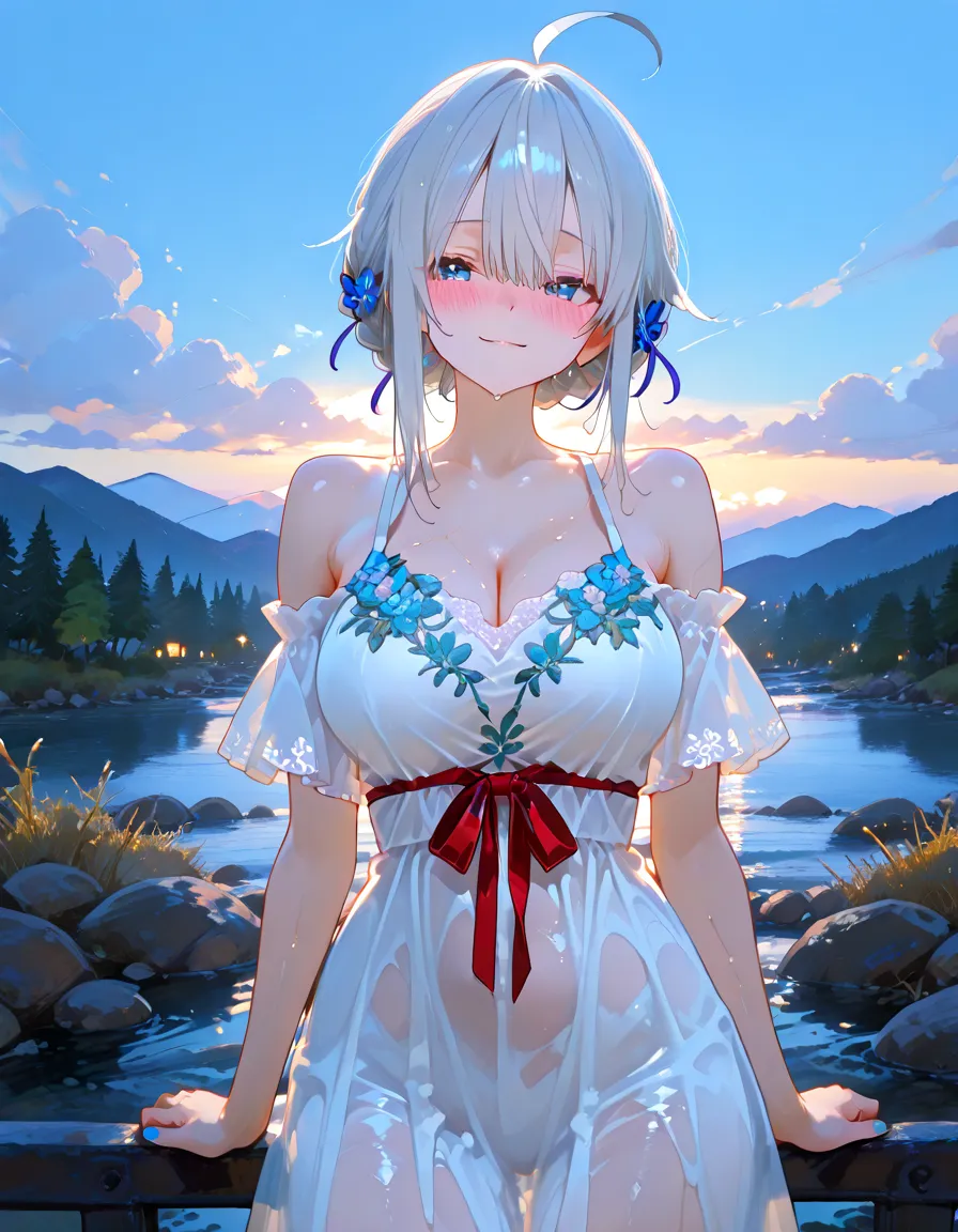 1girl,cute, long wavy hair,  looking at viewer,crystal eyes, white a hair,day,cityscape, skirt , off shoulder, bare shoulders, detailed background,glossy lips, round face, big smile, small breasts, adjusting her hair, large doe eyes, lots of earrings(lobe, snug, orbital, conch), 6 ear peircings, ((((neck up))))