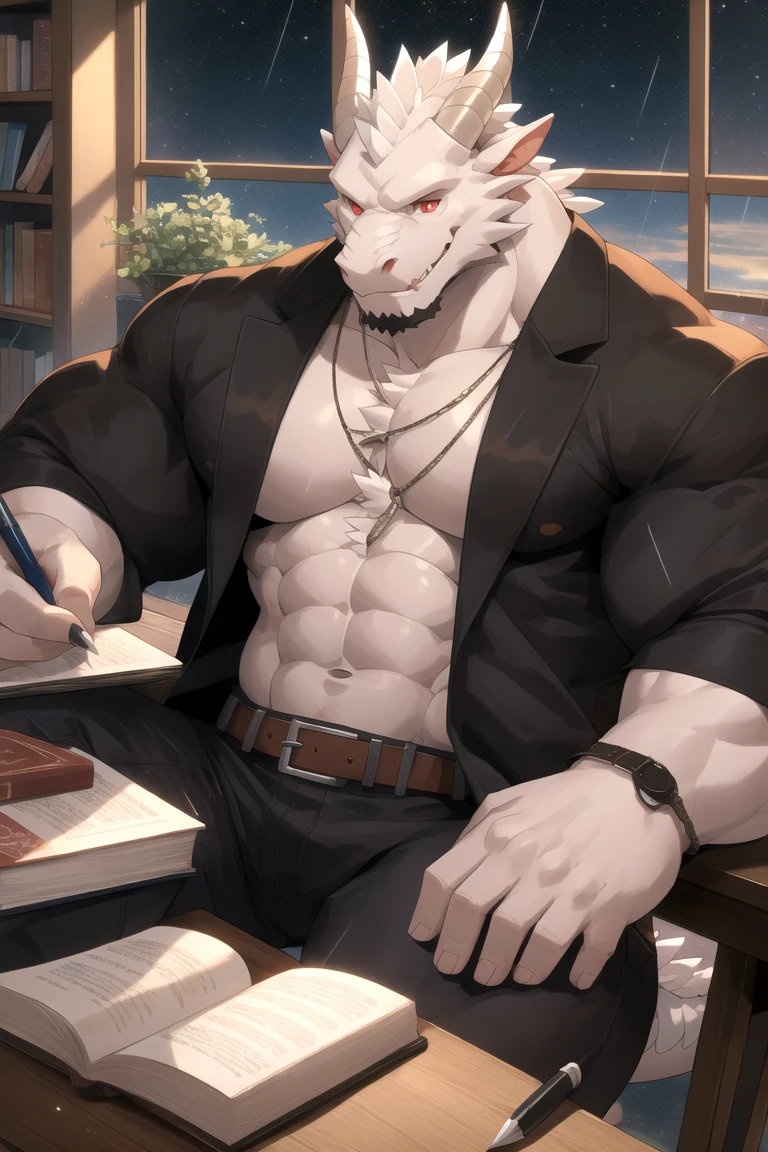 (white eastern dragon),furry,fuii body shot,white mustache,big pecs,hearty males,artbook,muscular,rimless_eyewear,naked,holding_stylus,sitting_on_desk,adult,traditional_chinese_room