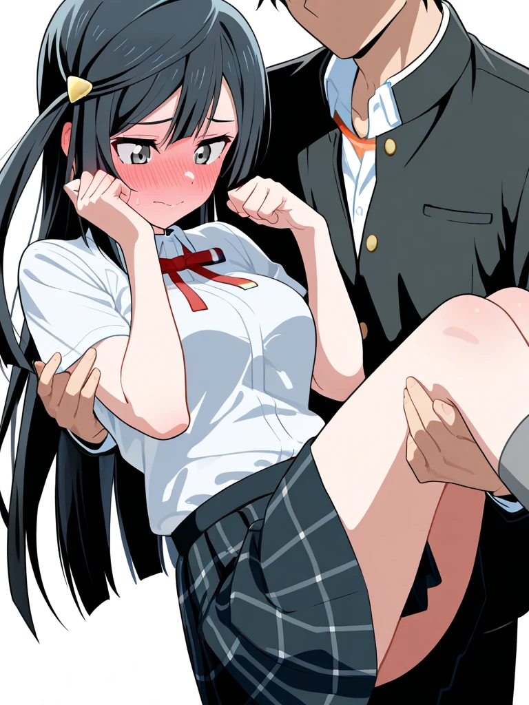 NSFW,Hitachi Mako,Ahoge、Long Hair、Black Hair、Long Hairのショートヘア、Intake、hair ornaments、bangs、Green Eyes,(school uniform:1.5),Embarrassed,blush,(Ecstasy face:1.5),(orgasm:1.5),(Perfect hands),(Perfect Anatomy),(masterpiece),(highest quality),Jail,One foreign man,(Doing sex:1.5)